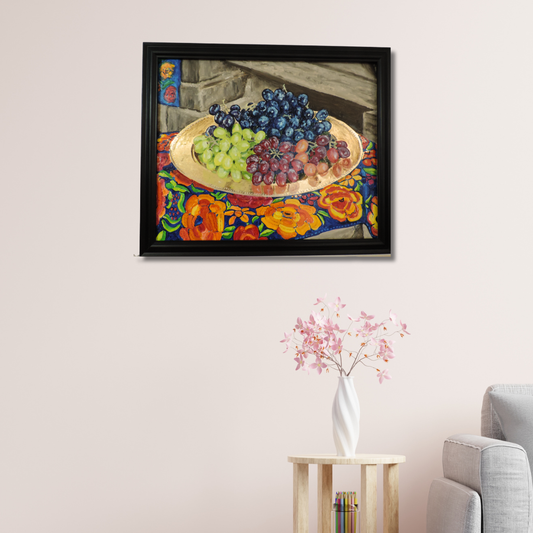 CUADRO AL OLEO ORIGINAL - UVAS Y PLATO