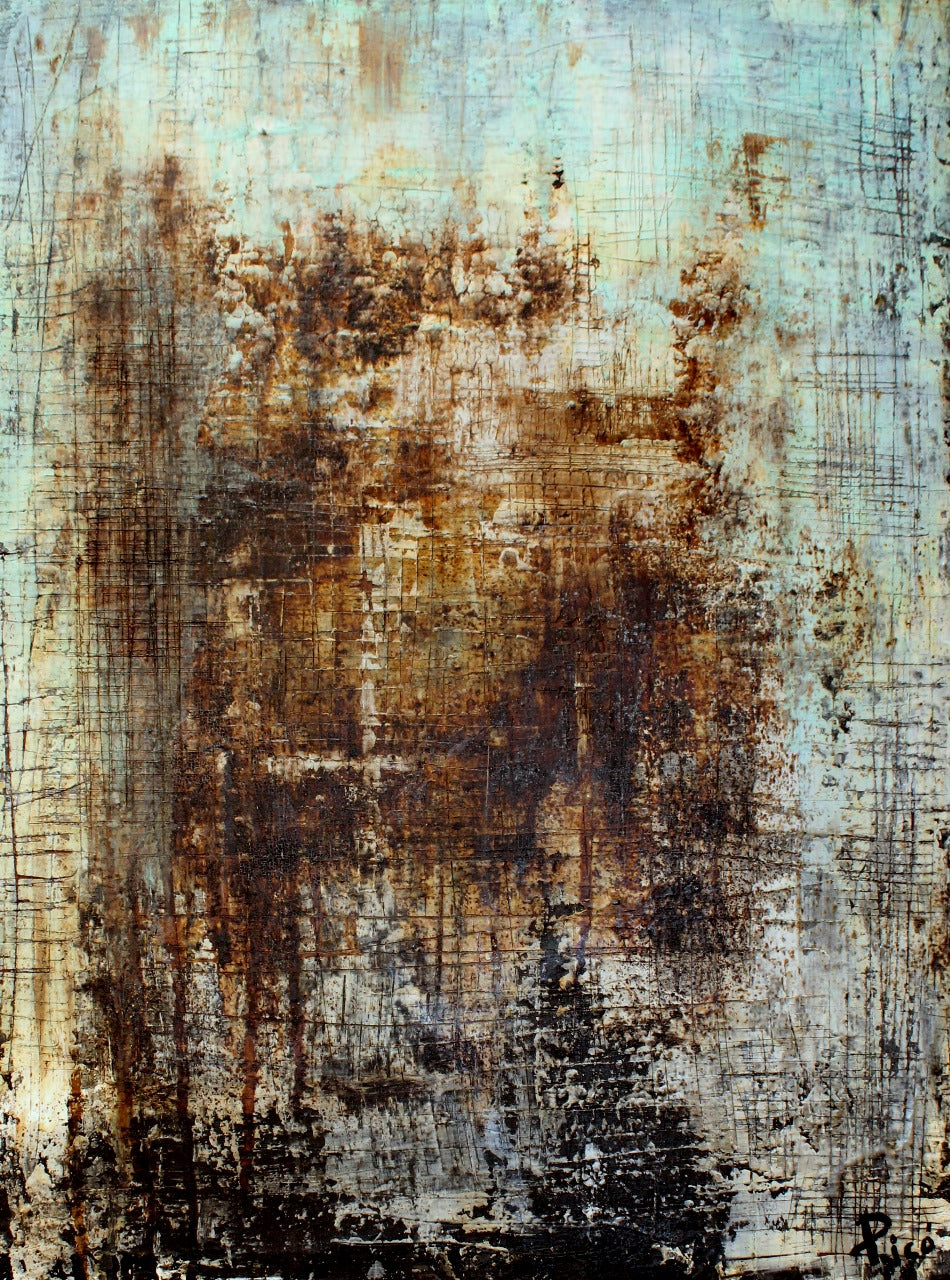"Verde Café" combina la técnica mixta y encaústica para generar una obra de gran profundidad visual. Los colores terrosos, entreverados con capas de cera caliente, crean una sensación de desgaste y evolución. La interacción de la textura y los tonos sugiere una reflexión sobre la naturaleza y el cambio constante.
