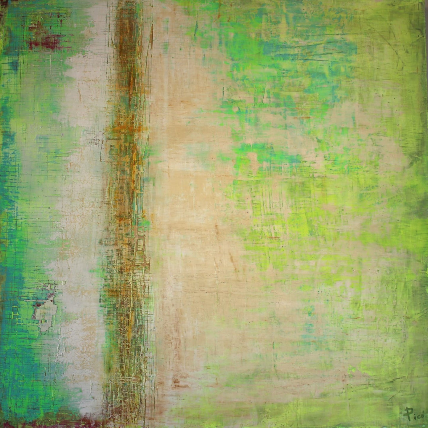Verde que te quiero celebra la vitalidad de la naturaleza mediante técnica mixta. Las capas translúcidas y la vibración del verde evocan crecimiento, frescura y renacimiento. La obra invita a sumergirse en un paisaje sensorial lleno de luz y movimiento sutil.