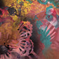 Pintura abstracta floral con relieves sobre un marco geométrico plateado - Cuadro Artístico - Mariposa Monarca