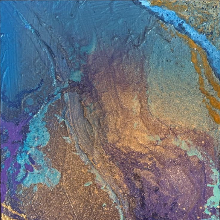 Obra texturizada de formato cuadrado en tonos violetas y azules con soporte metálico - Cuadro abstracto - Profundo