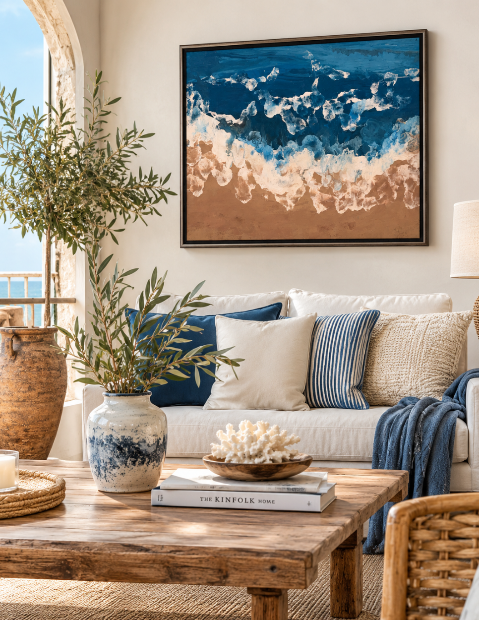 Eilat Arte p/sala Eilat: cuadro marino abstracto de olas con texturas realistas en tonos azules y arena