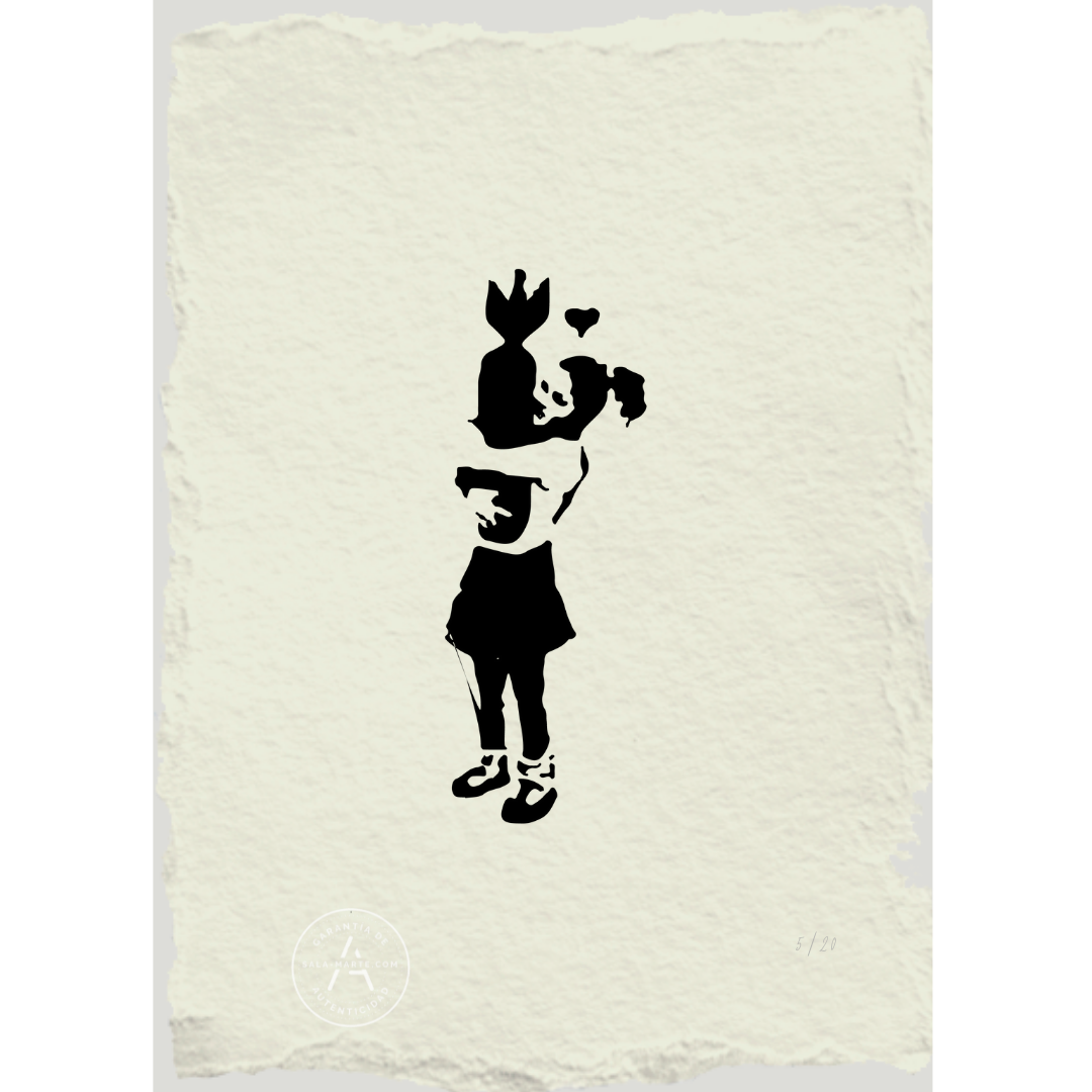 Grabado niña abrazando bomba - Banksy